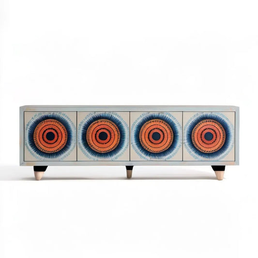 Kredens czterodrzwiowy z MDF z geometrycznym wzorem, biały/granatowy/pomarańczowy, 160 x 40 x 75 cm